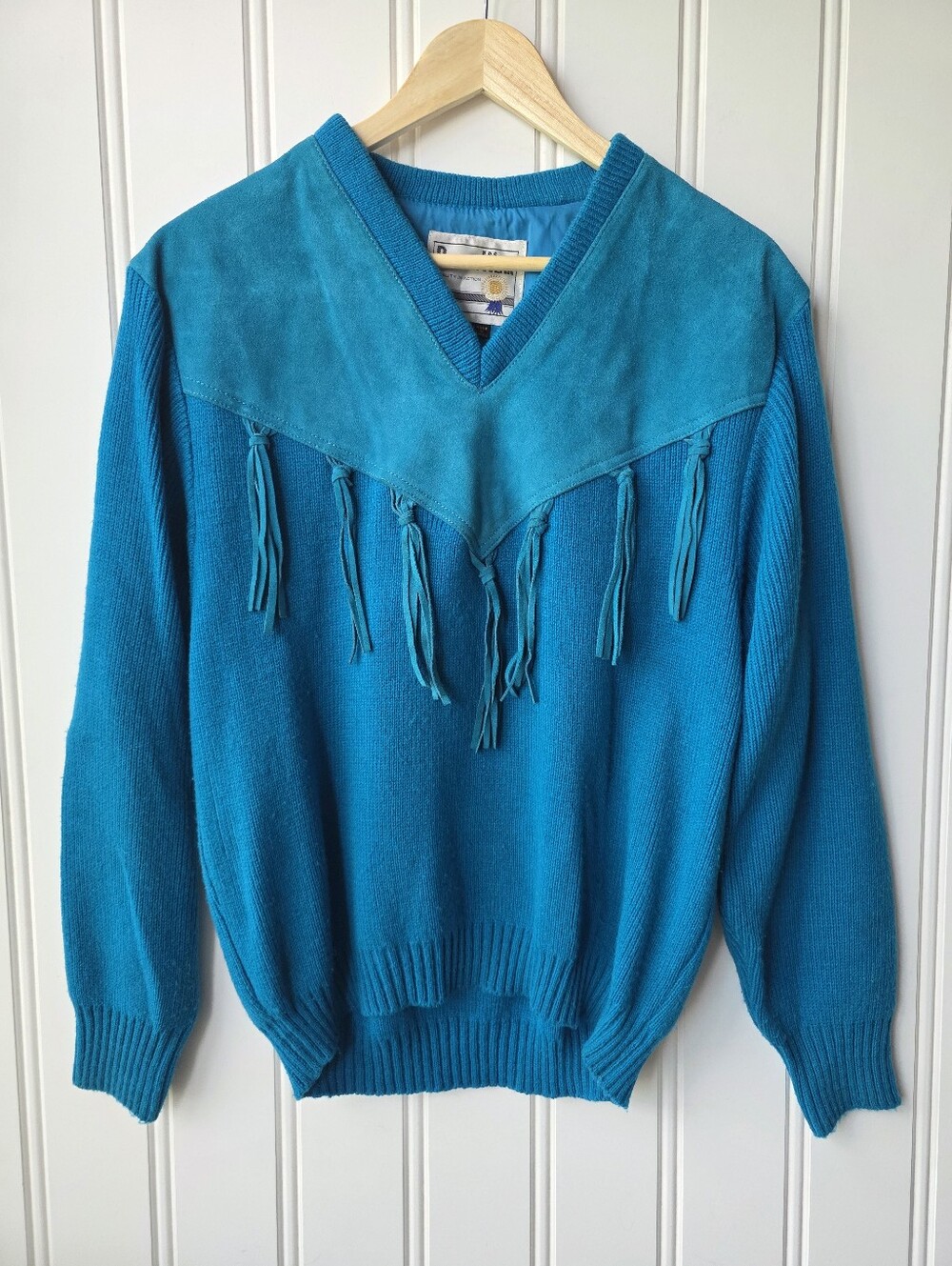 Vintage Pioneer Wear Fringe Sweater Teal Leather Suede Knit Pullover Large
